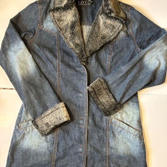 90s Denim Faux fur collard Jean jacketed Y2k vintage - Picture 3 of 8
